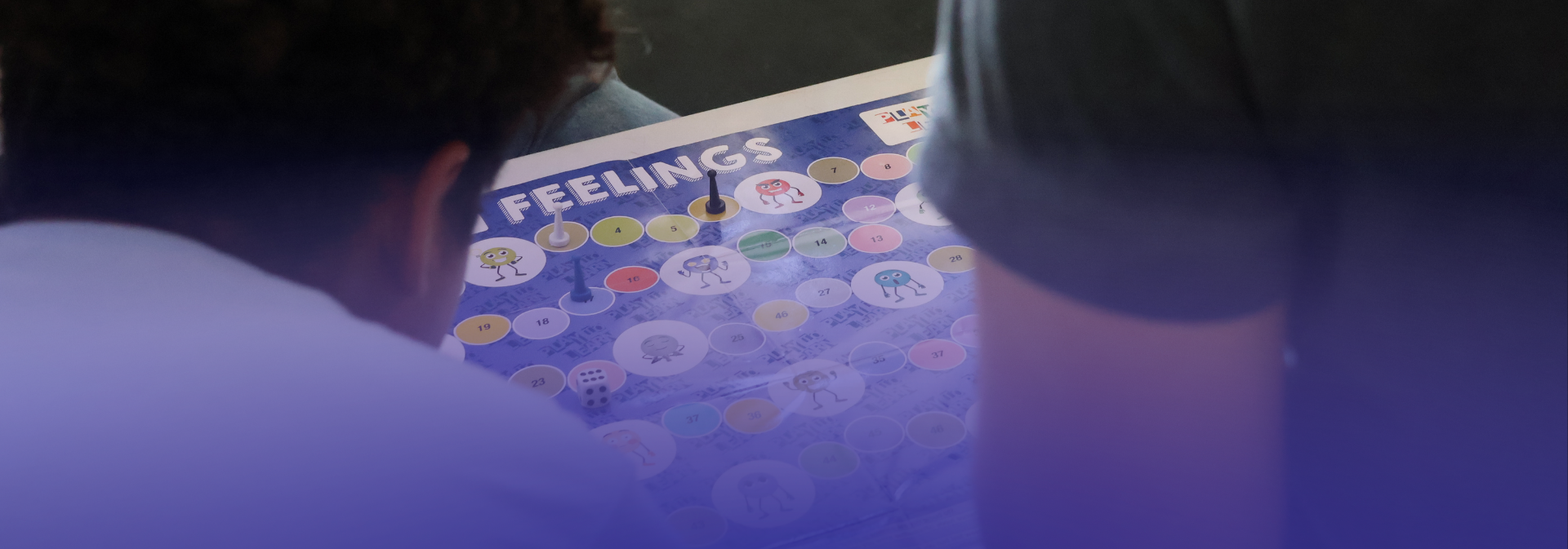 A imagem mostra três pessoas reunidas em torno de uma mesa, observando um jogo de tabuleiro chamado “Feelings”. O tabuleiro é colorido, com casas numeradas e personagens ilustrados que representam emoções. Há peões posicionados nas casas e um dado sobre o tabuleiro, indicando que a partida está em andamento. A cena sugere uma atividade interativa e educativa.