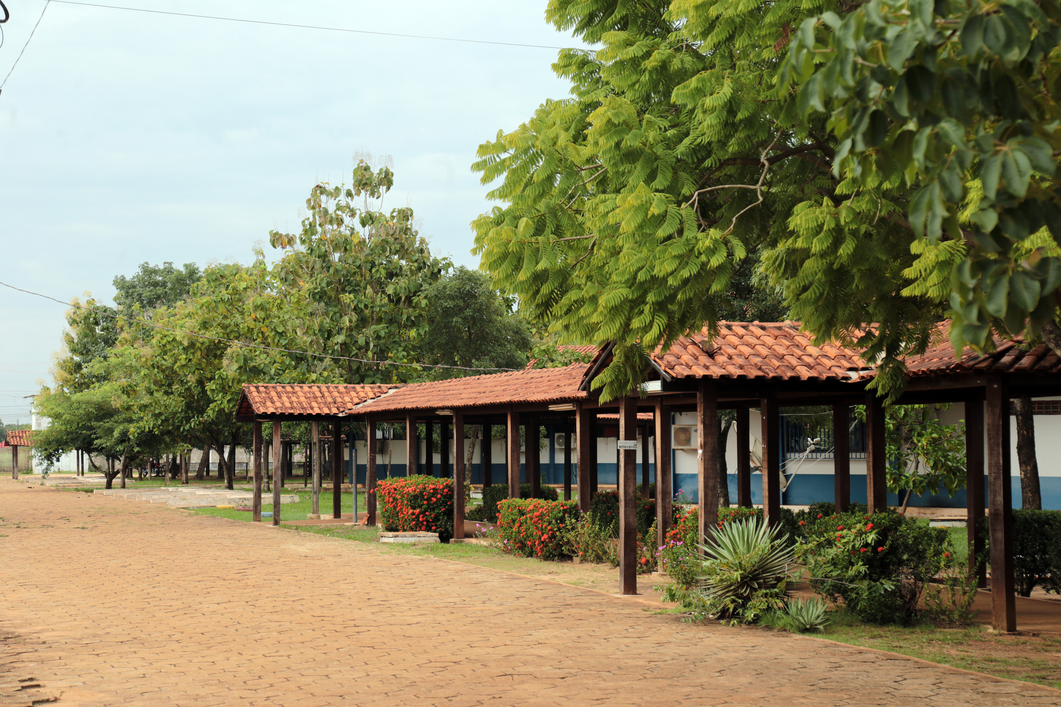 A imagem mostra uma cena tranquila ao ar livre com uma série de edifícios de um andar alinhados ao longo de um caminho de terra. Os edifícios têm telhados de telha vermelha e paredes azuis, e estão conectados por uma passarela coberta com pilares de madeira. A área é exuberante com vegetação, incluindo árvores com folhagem densa, arbustos floridos e várias plantas. O céu está nublado, sugerindo que pode ser início da manhã ou fim da tarde. Não há pessoas ou objetos em movimento visíveis na cena, o que contr