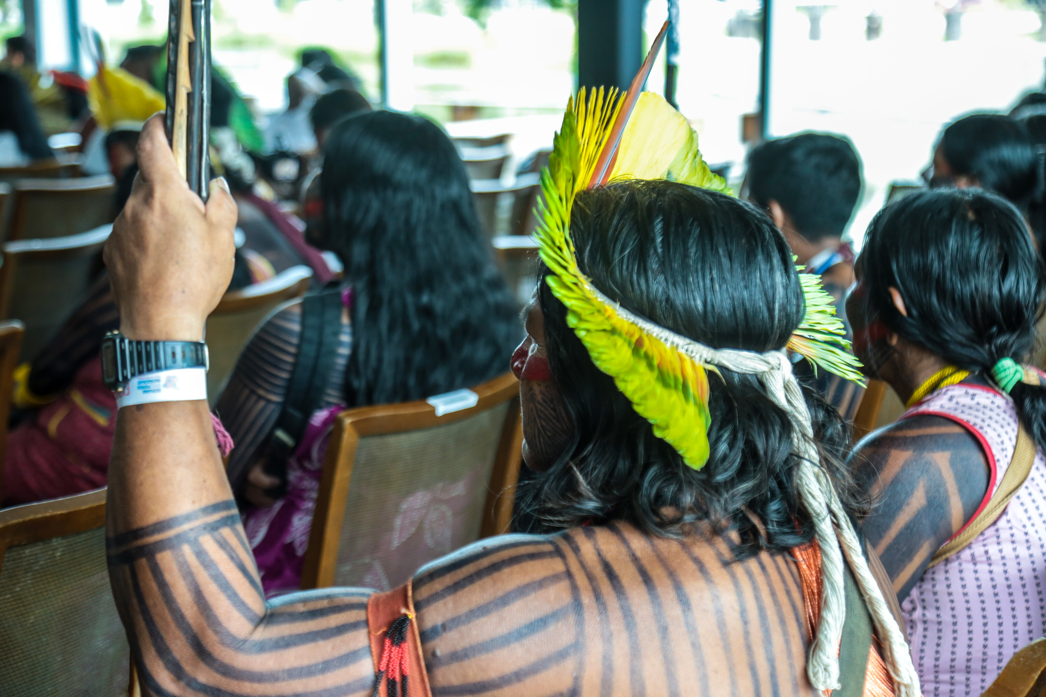 A foto mostra uma pessoa de costas, com uma pintura corporal composta por linhas pretas horizontais ao longo de seus braços e torso. Ela usa um cocar de penas verdes e amarelas que se destacam no cenário. No braço esquerdo, está um relógio preto e uma pulseira branca, provavelmente de identificação. A pessoa segura um objeto que parece ser uma flecha ou um instrumento semelhante, levantado em sua mão direita. Ao fundo, outras pessoas aparecem sentadas em cadeiras, algumas com cabelos longos e pretos.