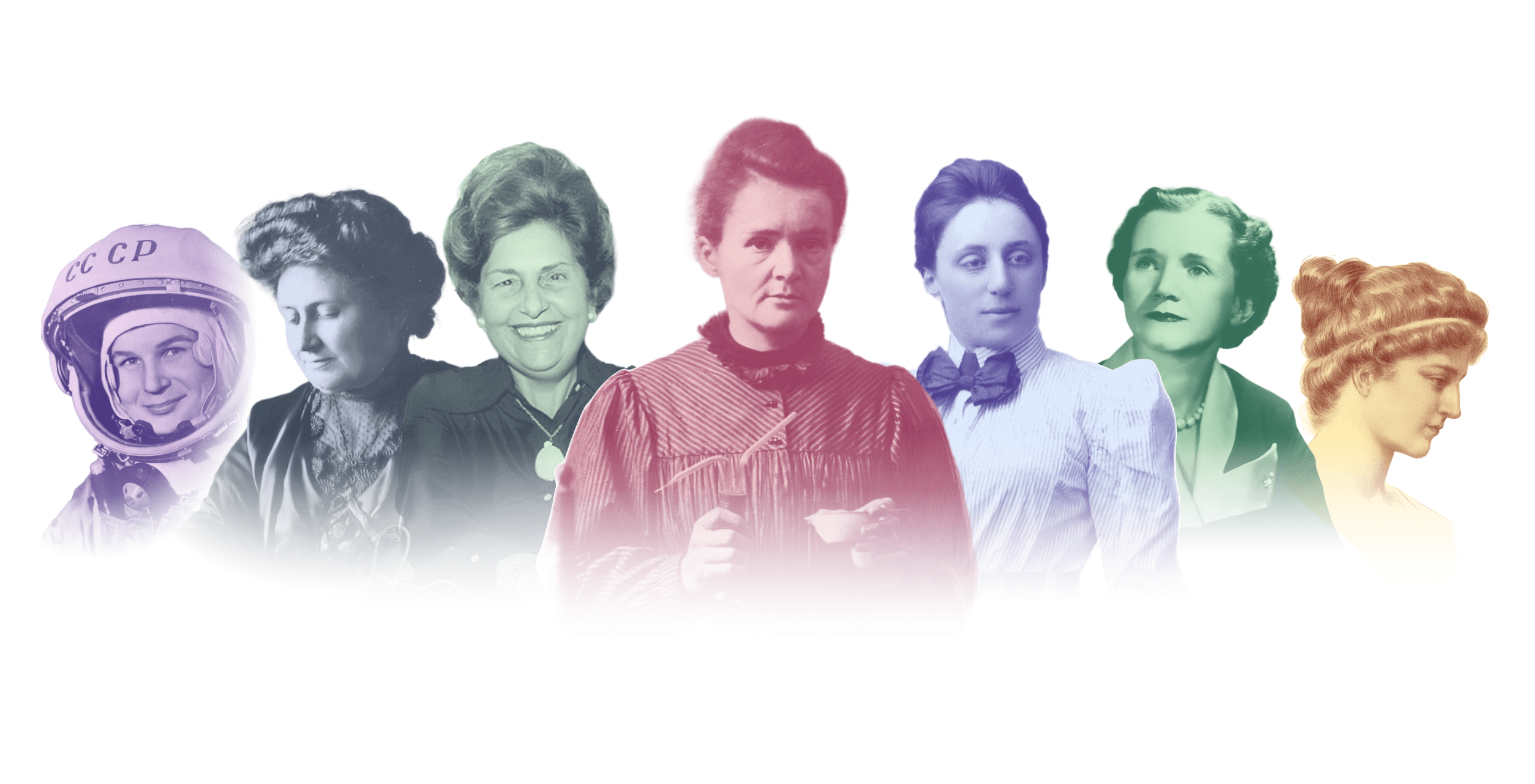 A imagem é uma montagem artística de retratos de várias mulheres cientistas históricas, em tons diferentes. A composição destaca figuras femininas importantes para a ciência, incluindo mulheres pioneiras em diversas áreas, como física, biologia, química e exploração espacial.